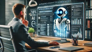 Photorealistic image showcasing the power of an AI-powered web assistant for business success, featuring a business owner observing AI chatbot interactions with multiple customers.