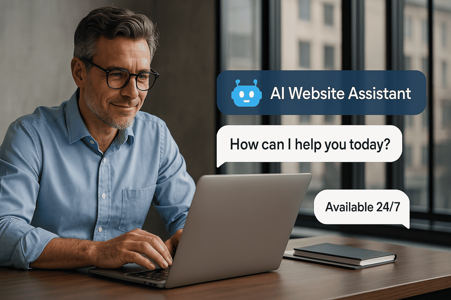 Customer at a laptop intereacting with a web assistant