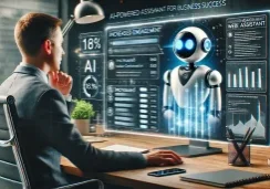Photorealistic image showcasing the power of an AI-powered web assistant for business success, featuring a business owner observing AI chatbot interactions with multiple customers.