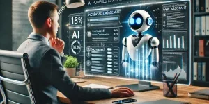 Photorealistic image showcasing the power of an AI-powered web assistant for business success, featuring a business owner observing AI chatbot interactions with multiple customers.