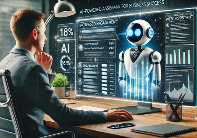 Photorealistic image showcasing the power of an AI-powered web assistant for business success, featuring a business owner observing AI chatbot interactions with multiple customers.